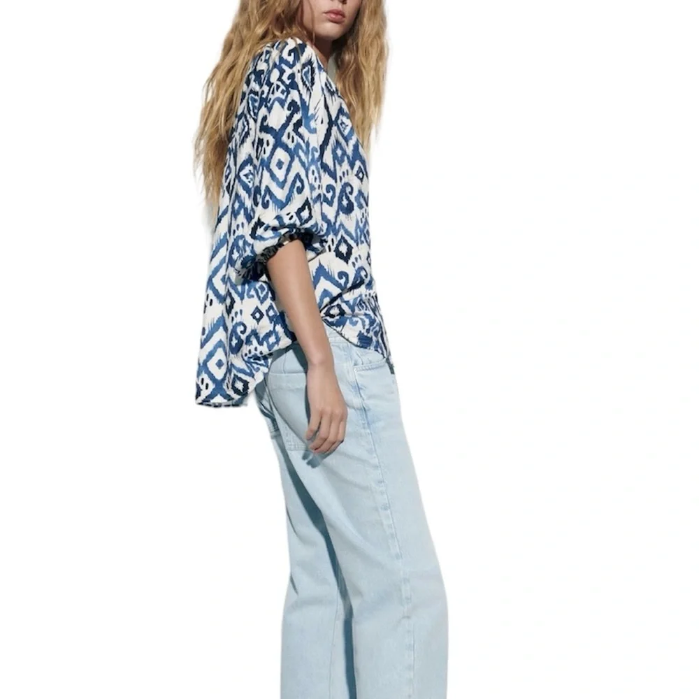 Zara Ikat print blouse V neck button front balloon sleeves size S